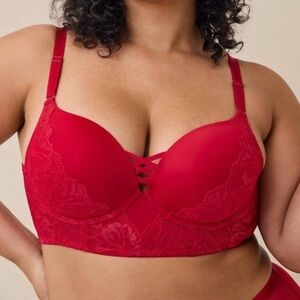 Torrid Curve XO Plunge Push Up Bra Jester Red Size 38DD Underwire Lace